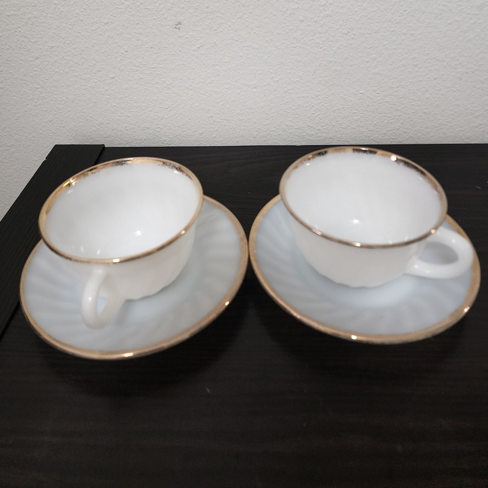 Fire-King Swirl Milk Glass Tea Cup and Saucer Set White Gold Trim 4pc Vintage